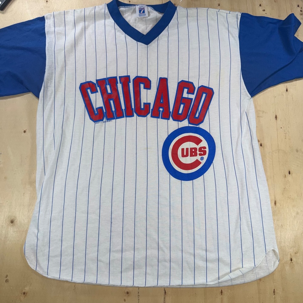 Vintage Logo 7 Chicago Cubs Pinstripe V-Neck T Shirt Mens XL USA MLB 80s